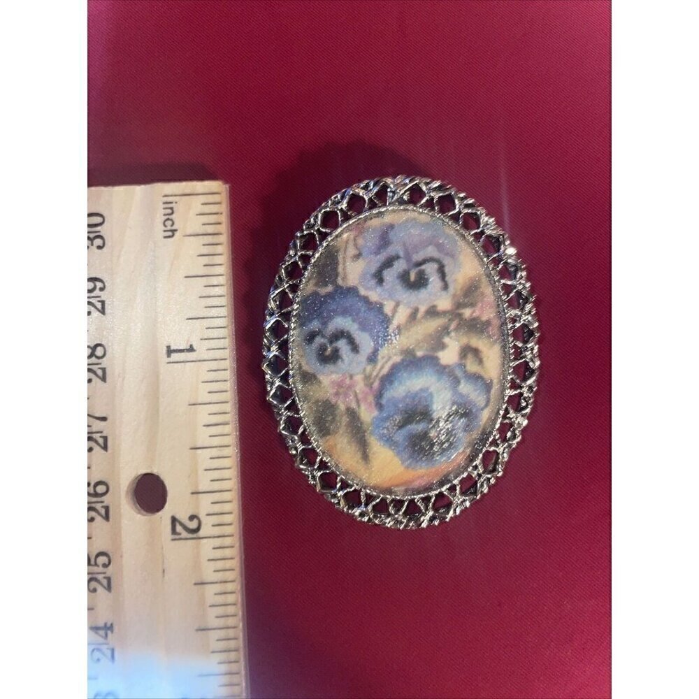 Vintage Blue Pansy Flower Faux Pearl Sugar Brooch Pendant - Picture 4 of 4